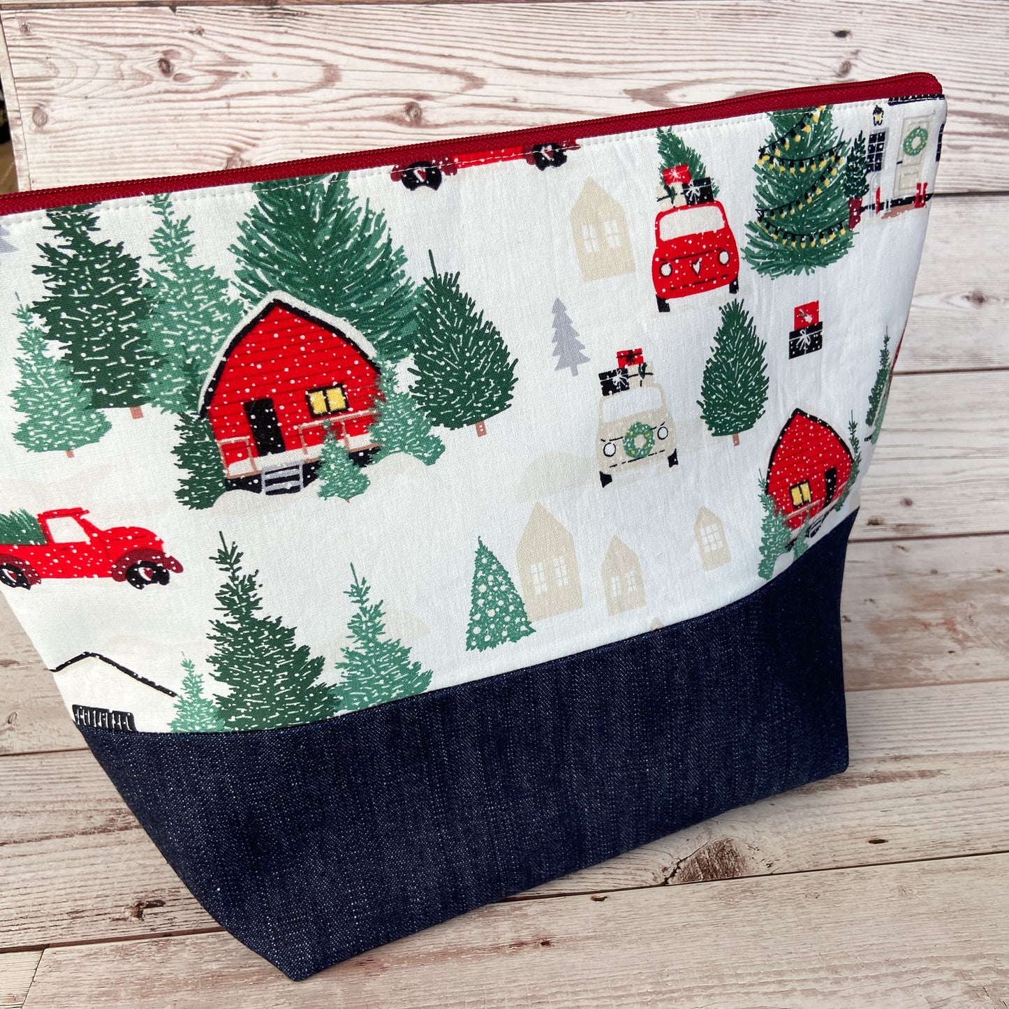 Denim - Large Zippered Project Bag - Going to the Cottage for Christmas