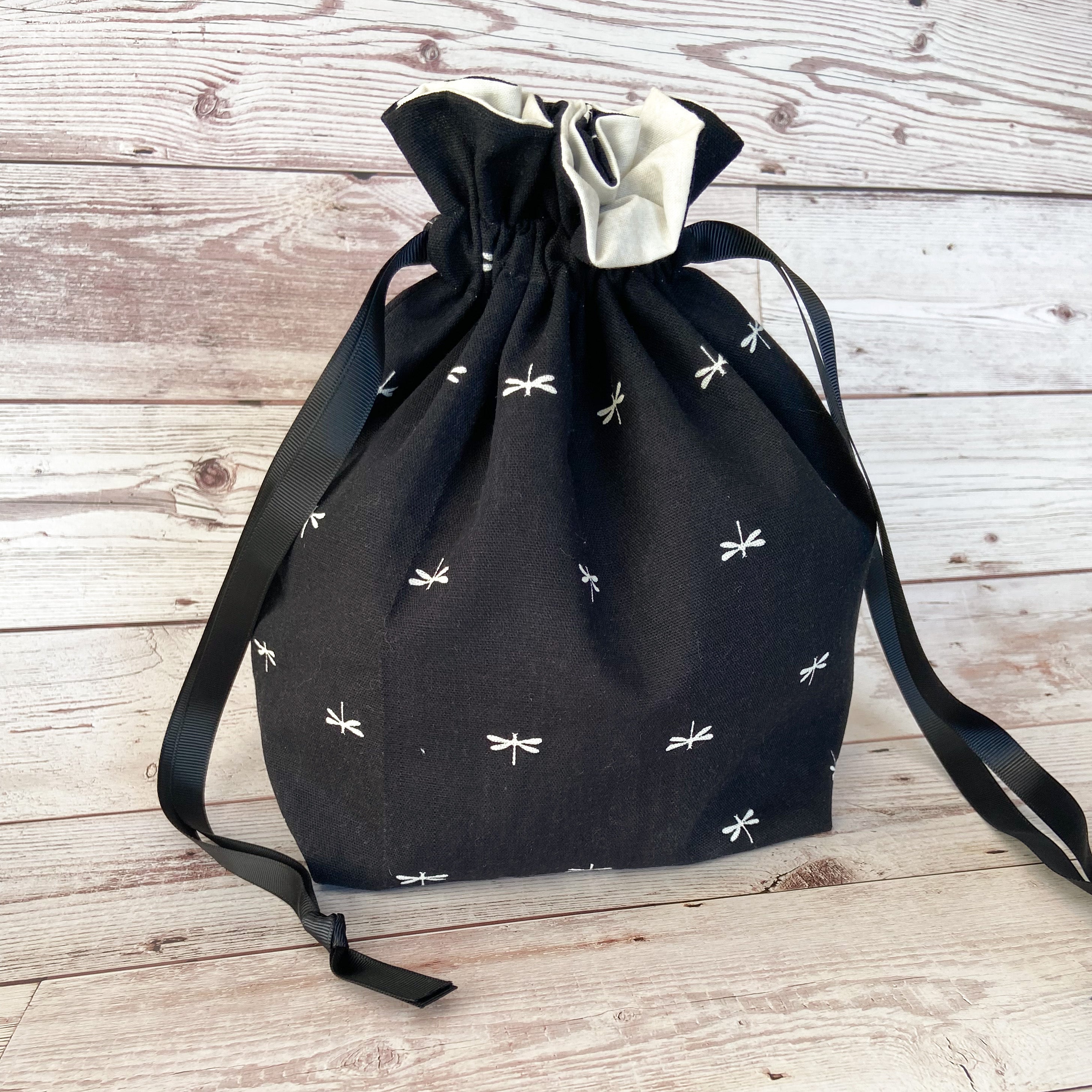 Small Drawstring Bag - Black with Cream Dragonflies