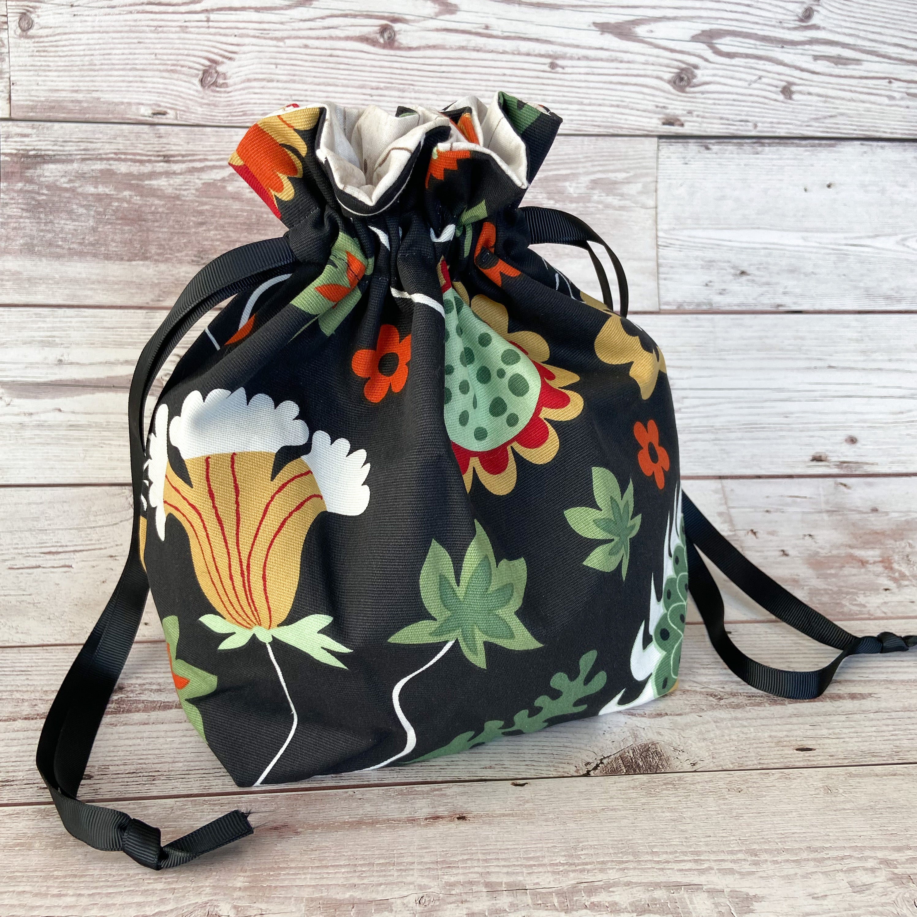 Small Drawstring Bag - Black with Large Floral Print