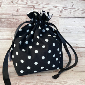 Small Drawstring Bag - Black with White Polka Dots