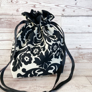 Small Drawstring Bag - Black & Cream Botanical Pattern