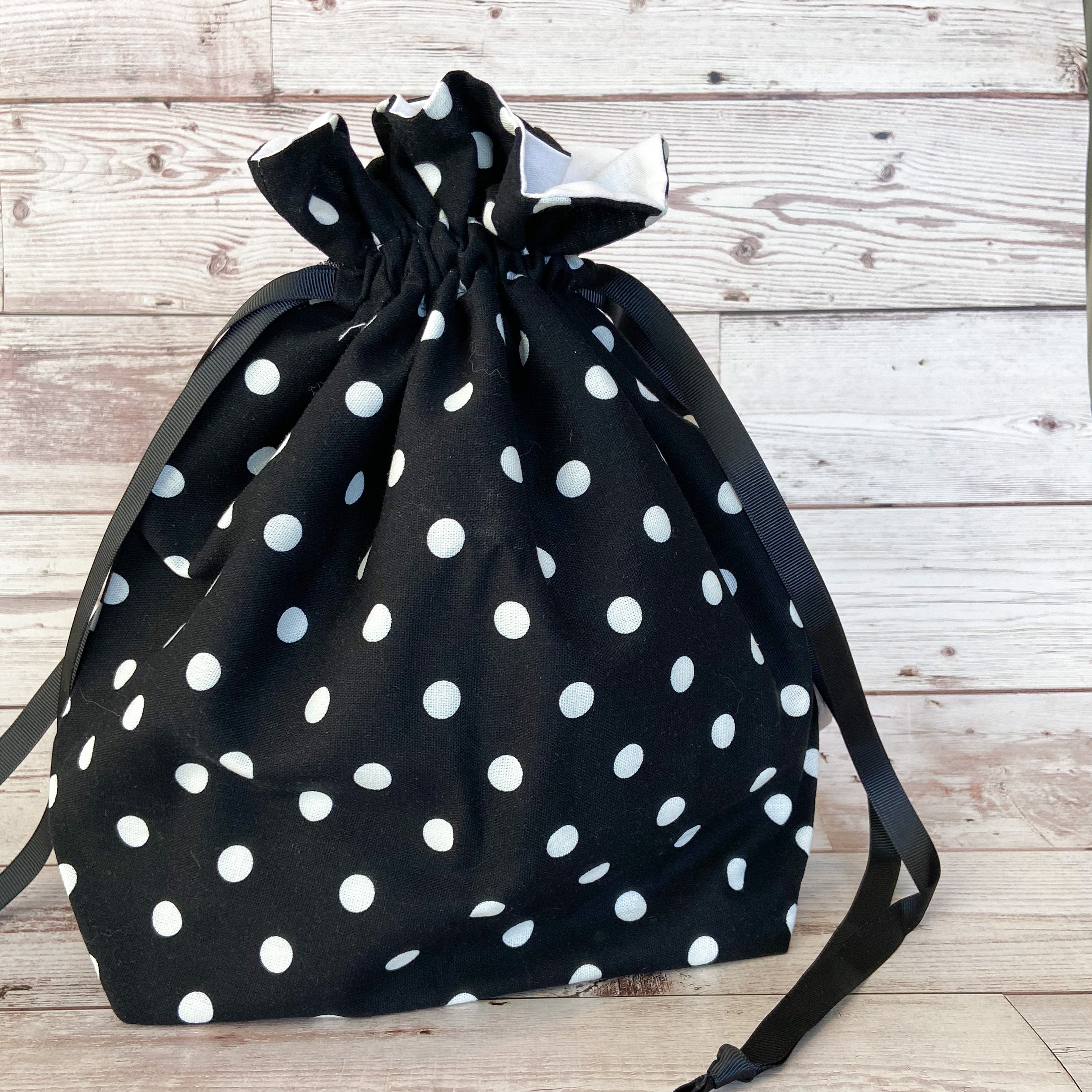Large Drawstring Bag - Black with White Polka Dots