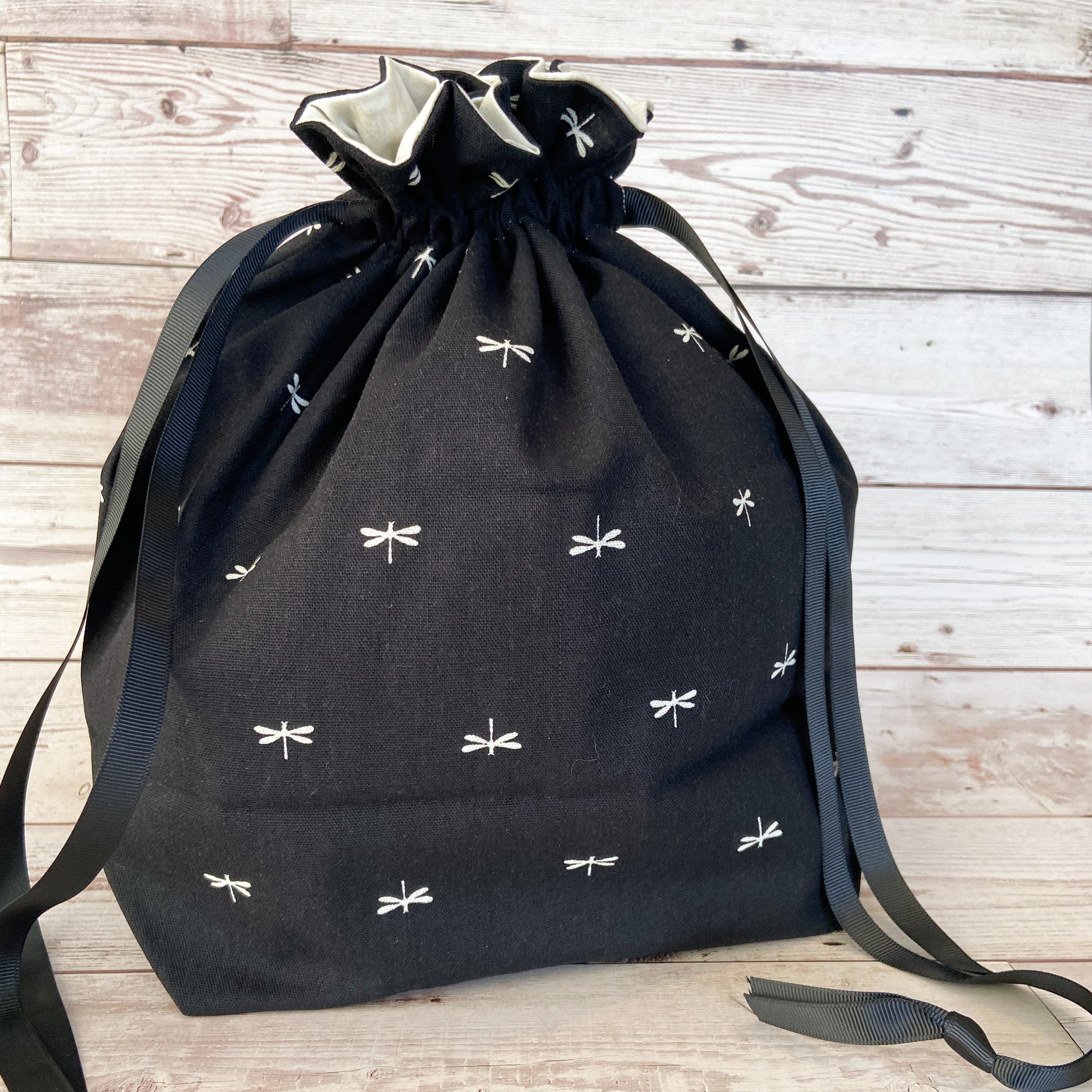 Large Drawstring Bag - Black with Cream Dragonflies