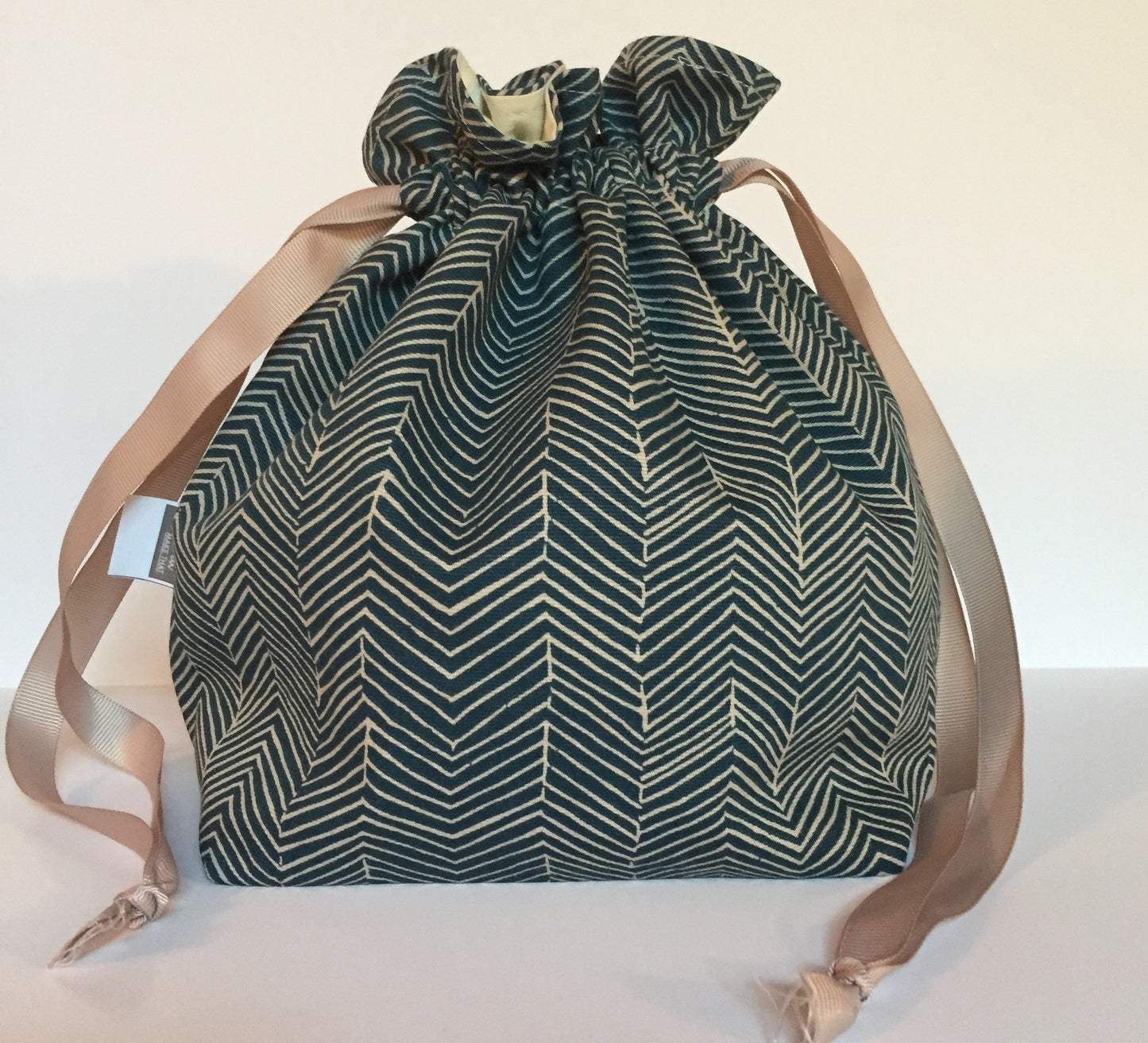 Small Drawstring Bag - Blue/tan herring bone pattern