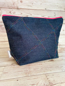 Denim - Large Zippered Project Bag - Variegated Thread Design, Neon Green/Pink/Blue/Orange